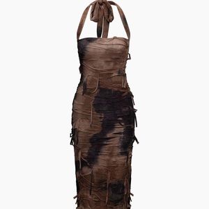 Tie Dye Distressed Mesh Slit Halter Maxi Dress
